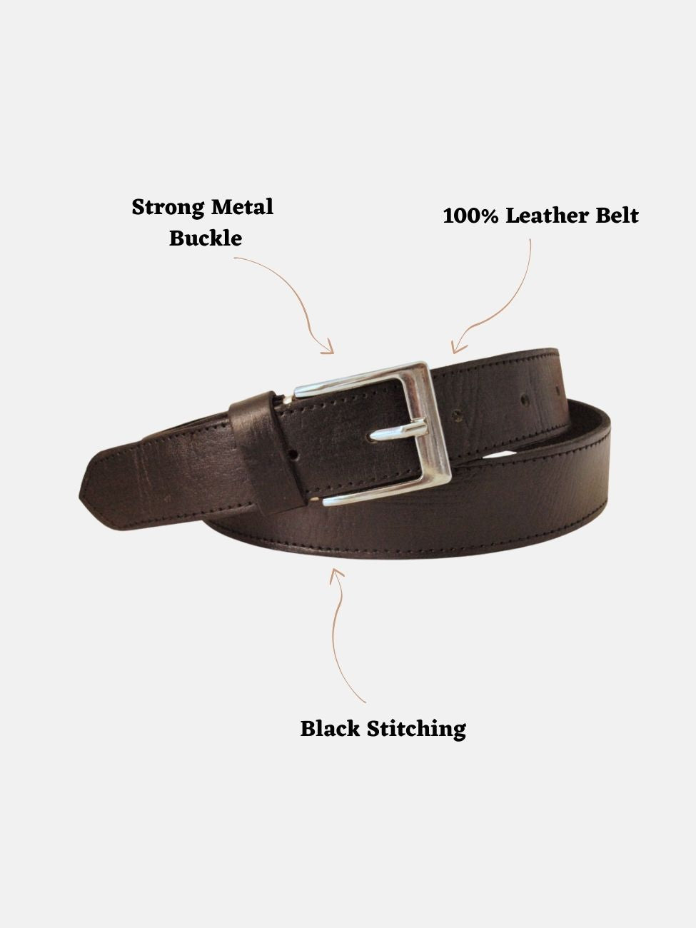 حزام جلد أسود بخياطة سوداء - تصميم بعرض ضيق