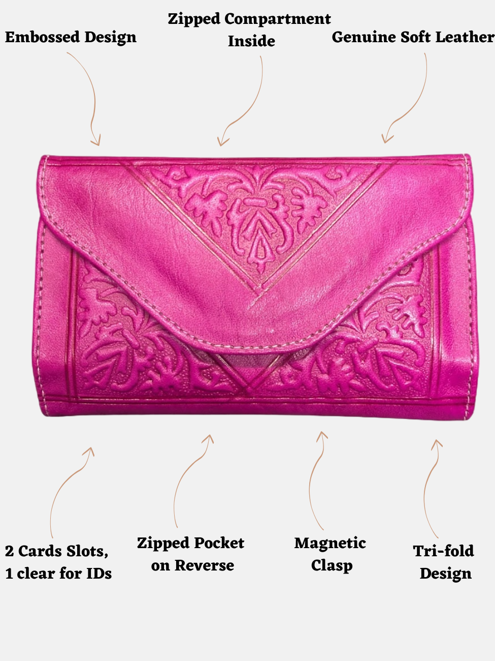 Small Leather Tri-Fold Purse Pink