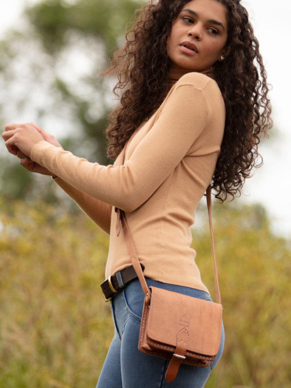 Square Saddle Bag Tan Lifestyle
