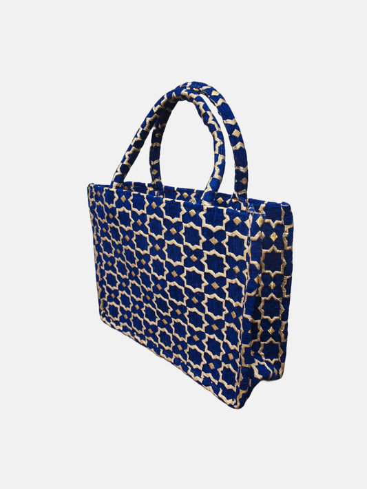 Moroccan Geometric Print Fabric Tote Bag in Blue