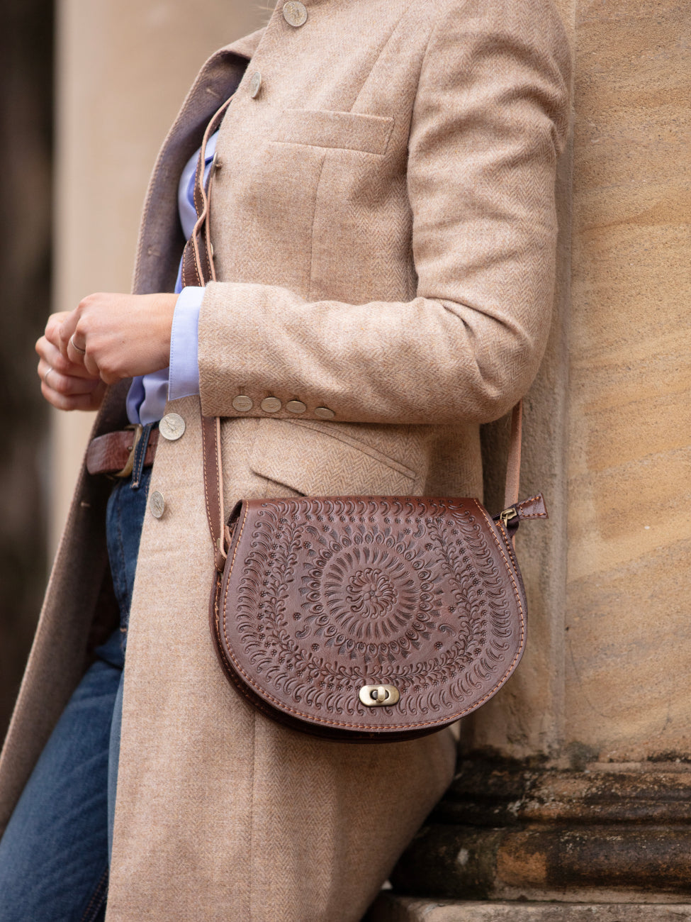 The Temara Embossed Saddle Bag in Brown