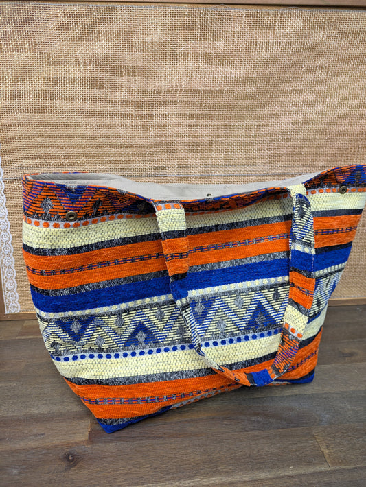 Sample - The Nador Large Expandable Fabric Tote in Orange and Blue