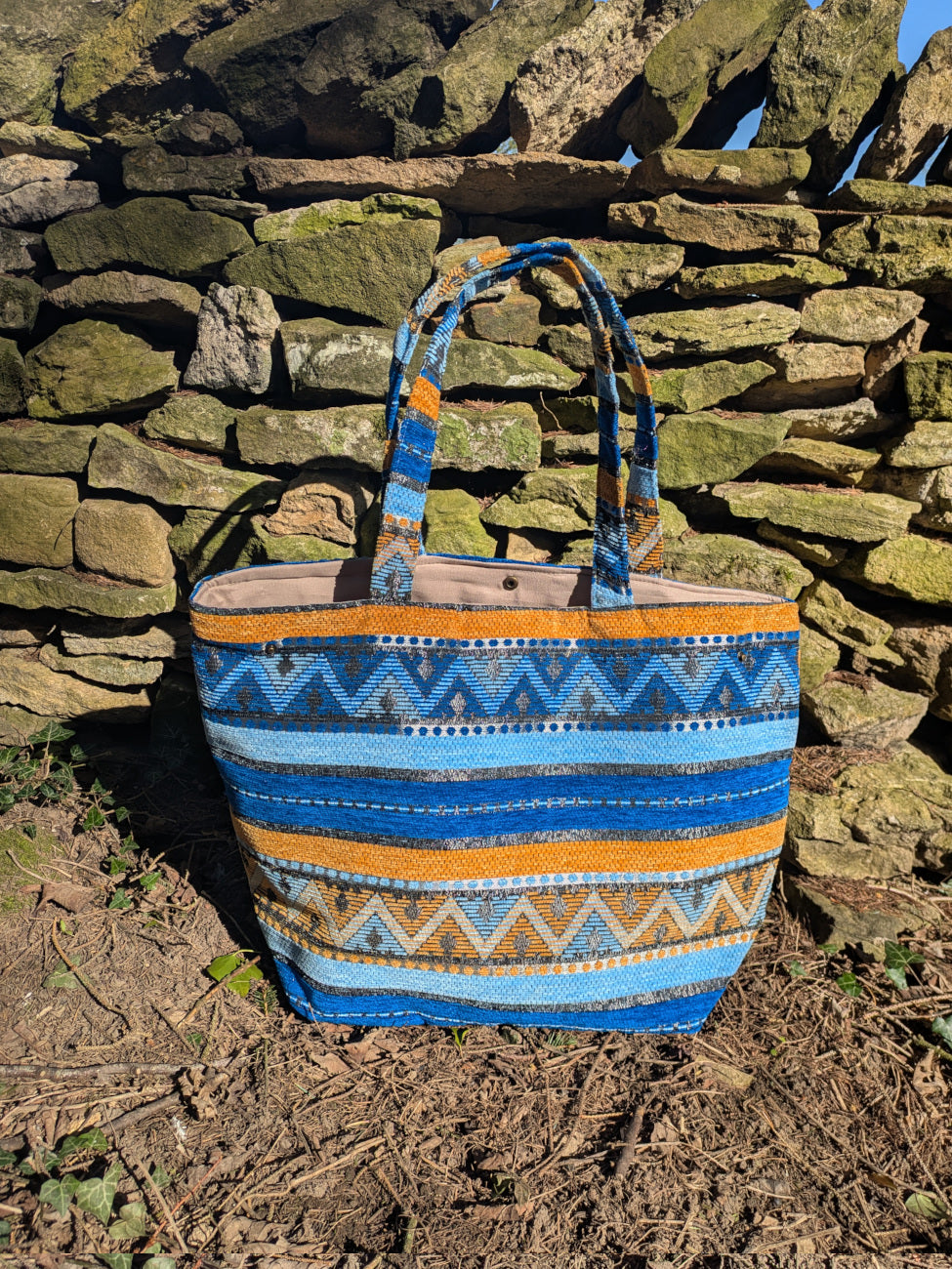 The Nador Large Expandable Fabric Tote in Blue and Yellow
