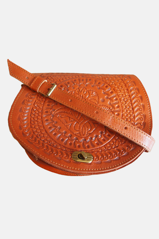 The Temara Embossed Saddle Bag in Light Brown