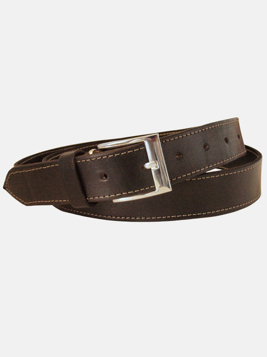 Black Leather Belt with White Stitching - Narrow Width