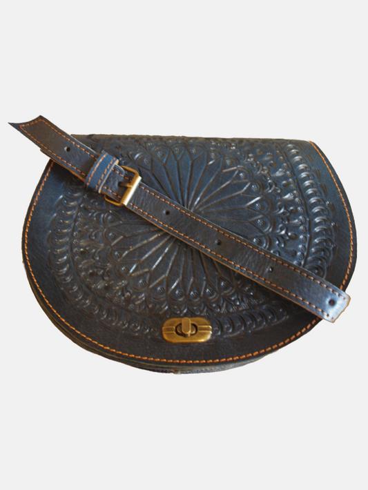 The Temara Embossed Saddle Bag in Navy Blue