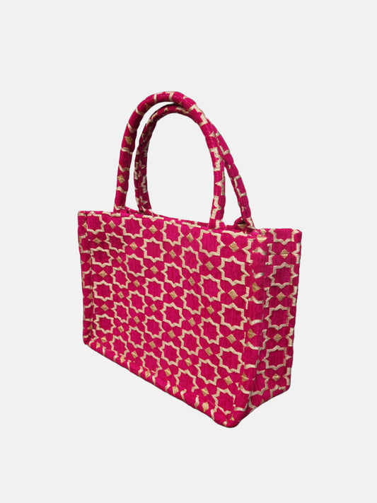 Sac Cabas en Tissu à Imprimé Géométrique Marocain en Rose