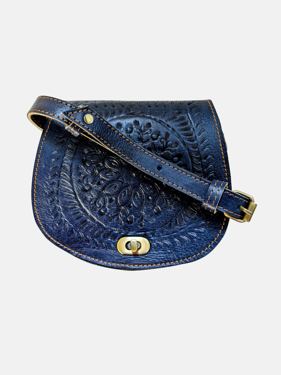 The Temara Small Embossed Saddle Bag in Navy