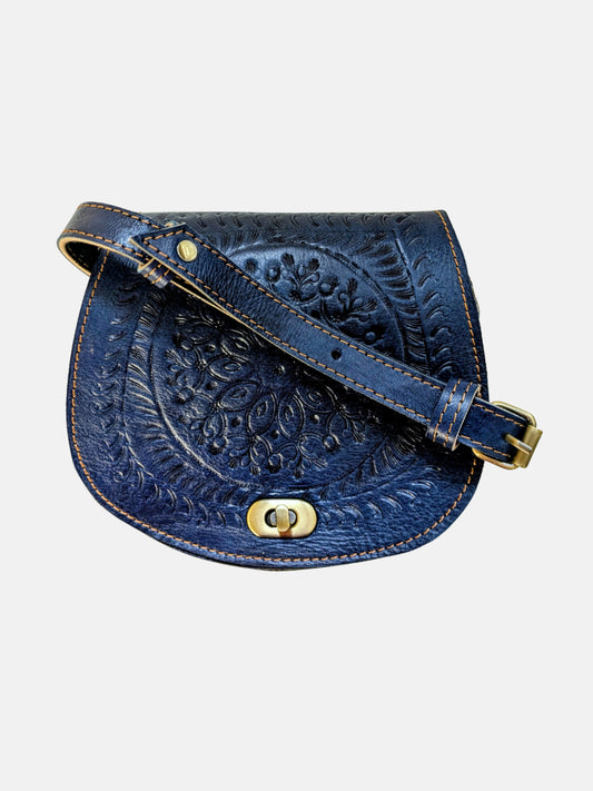 The Temara Small Embossed Saddle Bag in Navy