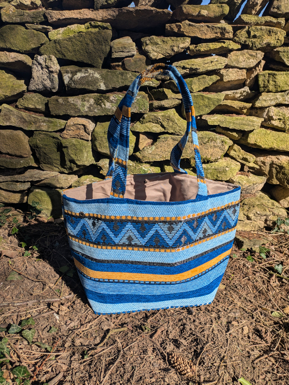 The Nador Small Expandable Fabric Tote in Blue and Yellow