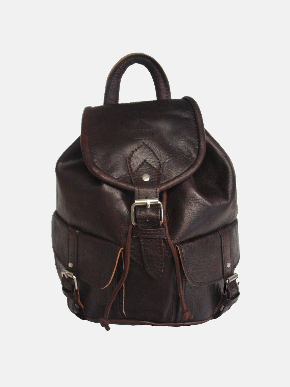 brown leather small backpack Amelia Whisky Raw Leather an outer zipper pocket The Mini Della Fine Leather