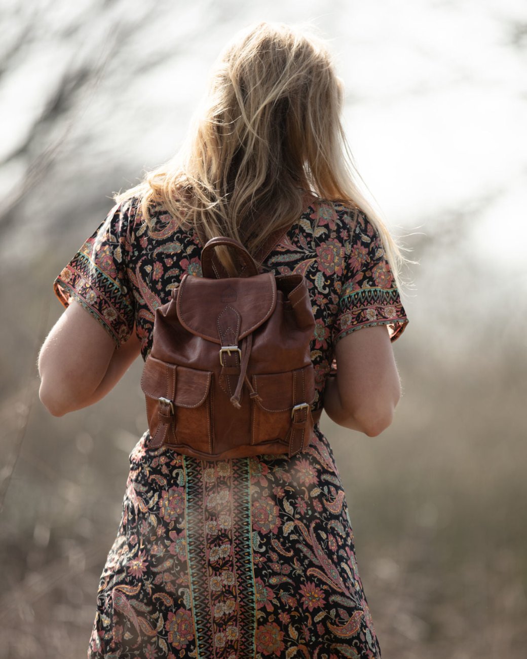 Small Leather Rucksack in Tan Lifestyle