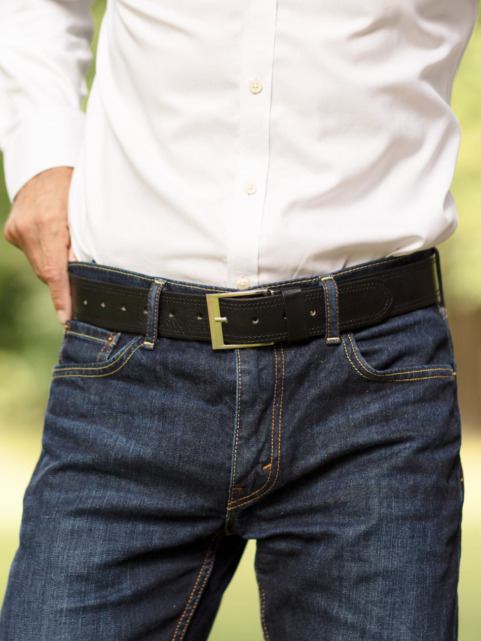 Black Leather Belt with Black Stitching - Wide Width