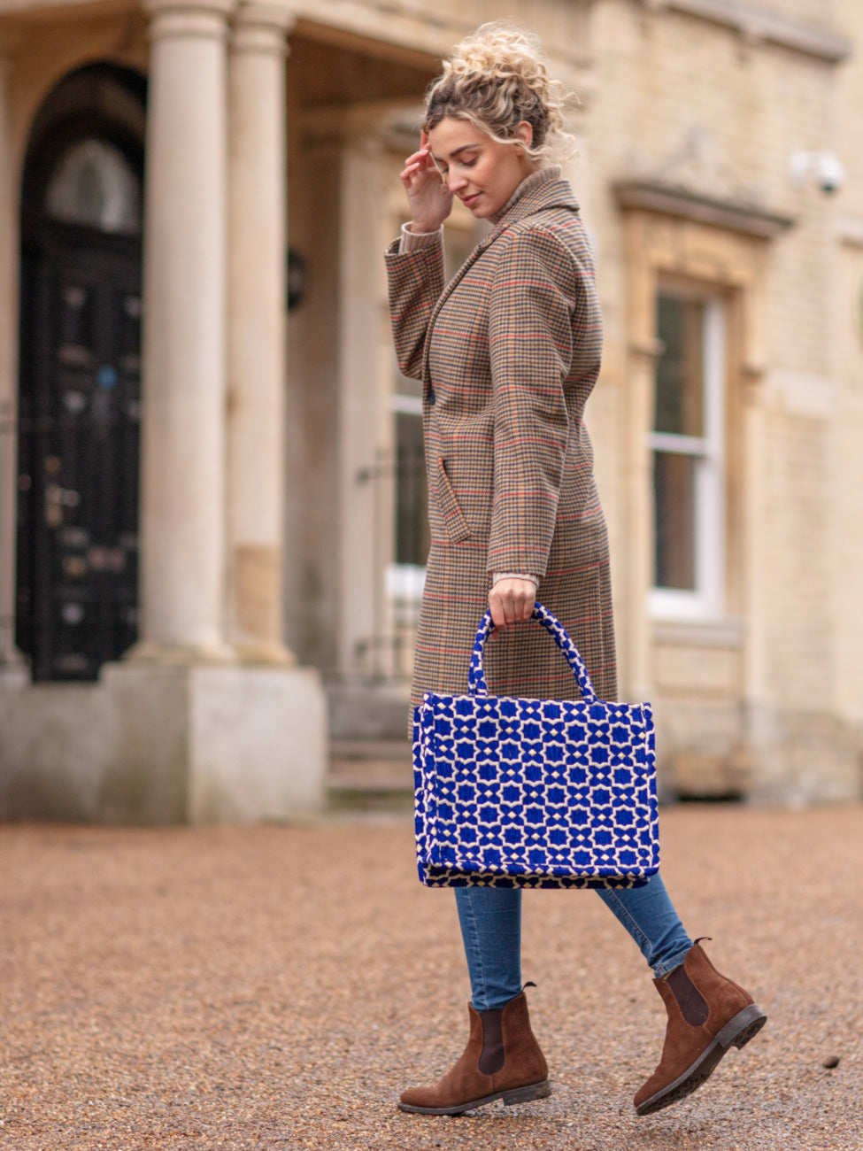 Marokkaanse stoffen tas met geometrische print in blauw