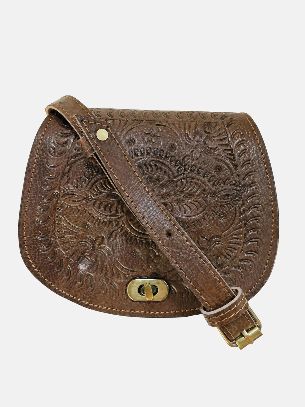 The Temara Small Embossed Saddle Bag in Brown