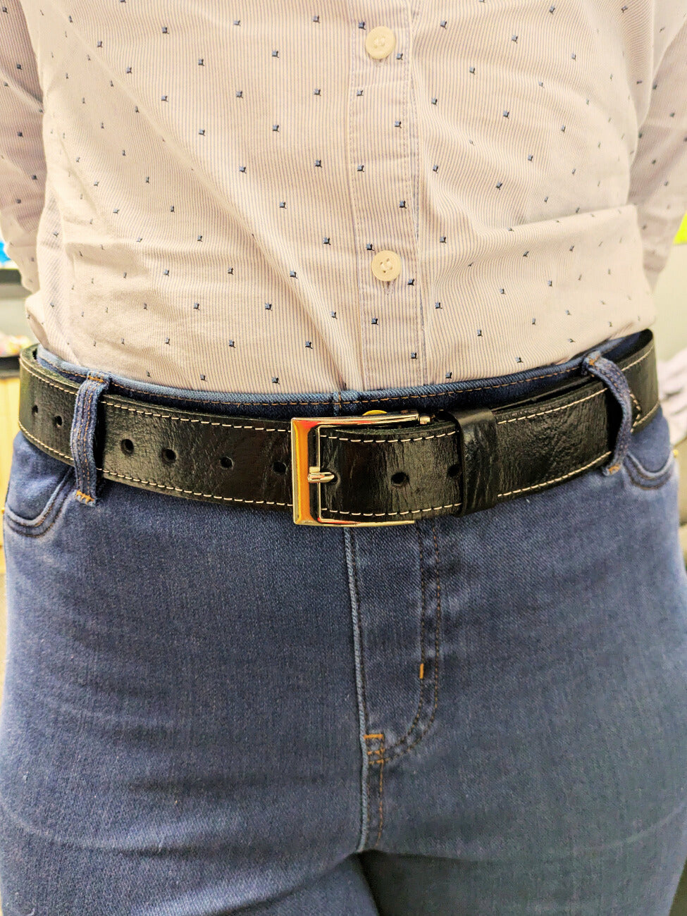 Black Leather Belt with White Stitching - Narrow Width