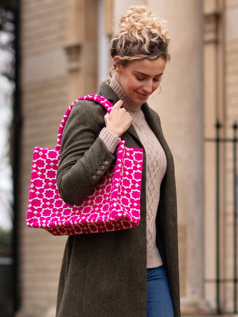 Sac Cabas en Tissu à Imprimé Géométrique Marocain en Rose