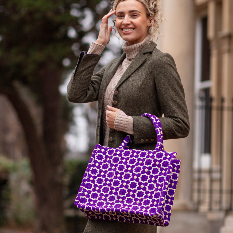 Sac Cabas en Tissu à Imprimé Géométrique Marocain en Violet